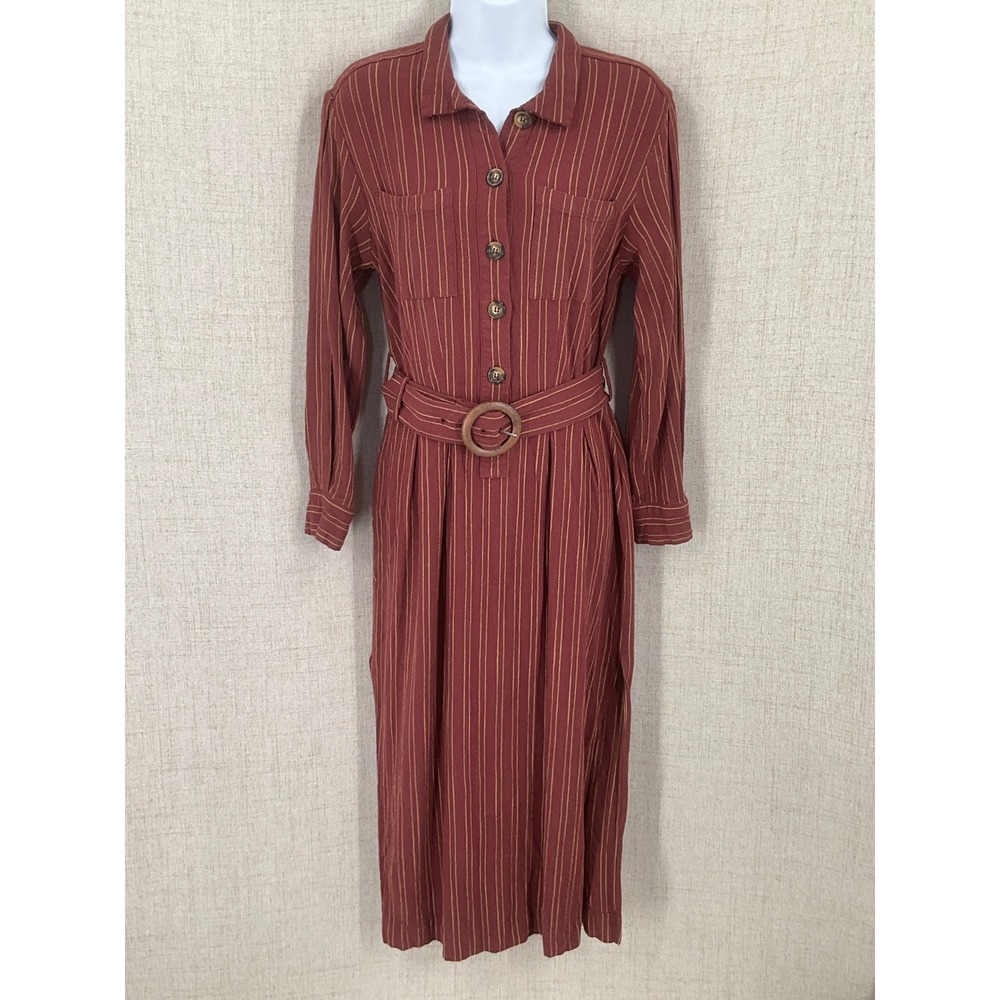 Free People Midi Dress Womens Small Burgundy Metallic Stripe Belted Boho